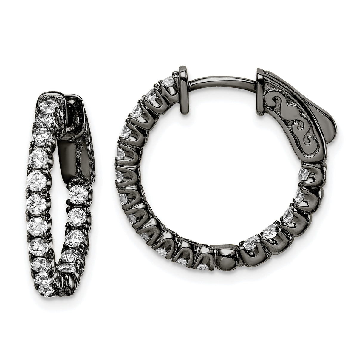 Sterling Silver Hoop Earrings with Cubic Zirconia, Black Rhodium Plated, In and Out Design