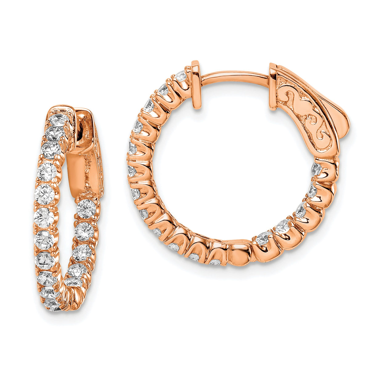 Sterling Silver Rose Gold Plated Hoop Earrings with Cubic Zirconia, Lightweight Formal Design