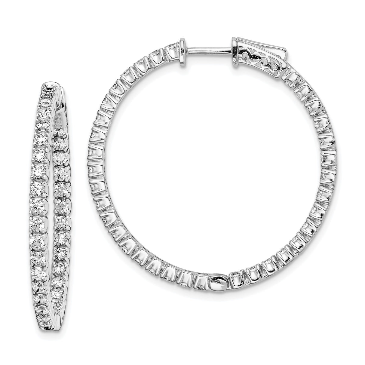 Sterling Silver Hoop Earrings with Cubic Zirconia Accents, Classic Round Design, Hinged Clasp