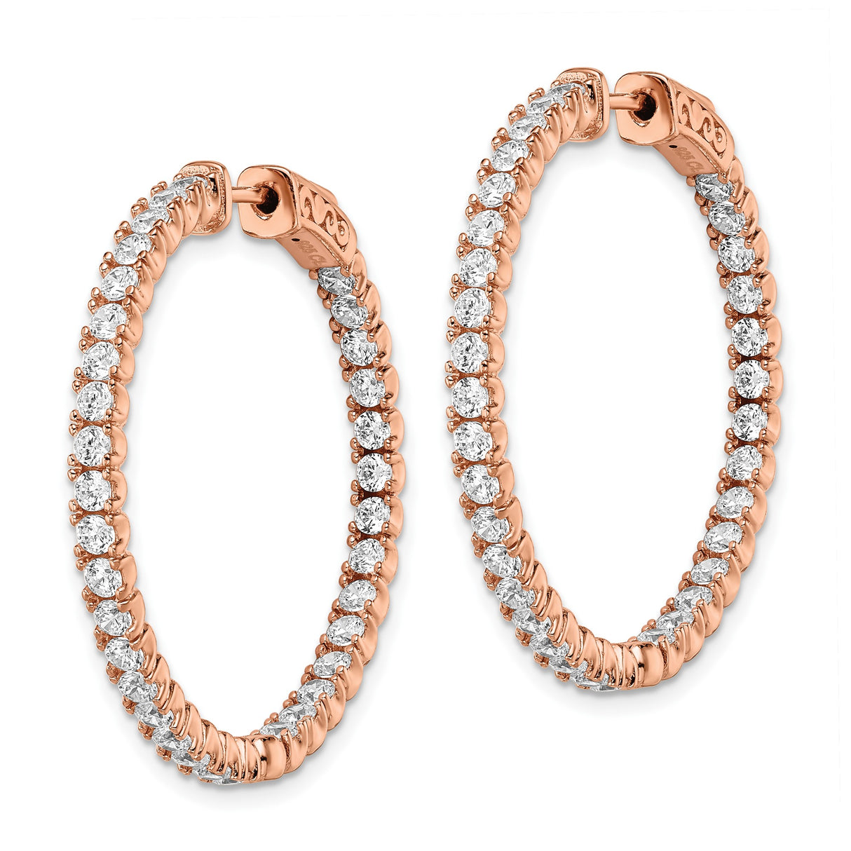 Sterling Silver Hoop Earrings with Cubic Zirconia, Rose Gold Finish, Modern Double Row Design