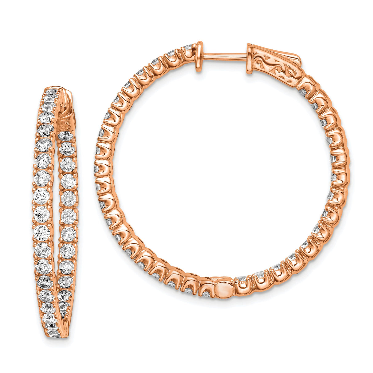 Sterling Silver Hoop Earrings with Cubic Zirconia, Rose Gold Finish, Modern Double Row Design