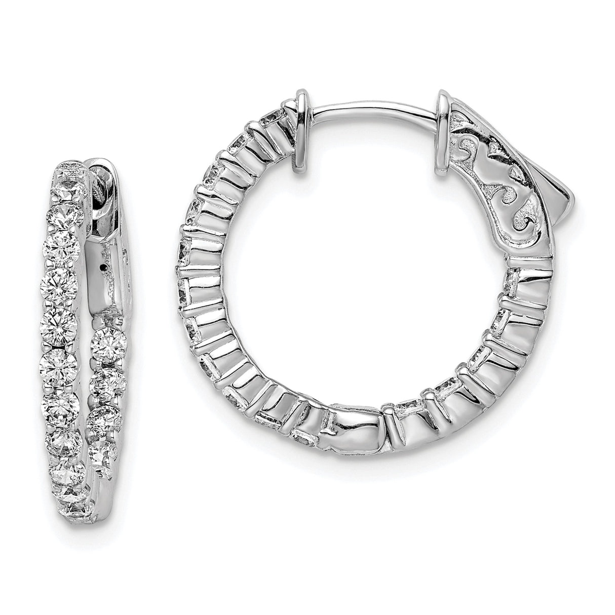Sterling Silver Hoop Earrings with Round Cut Cubic Zirconia and Textured Inner Design