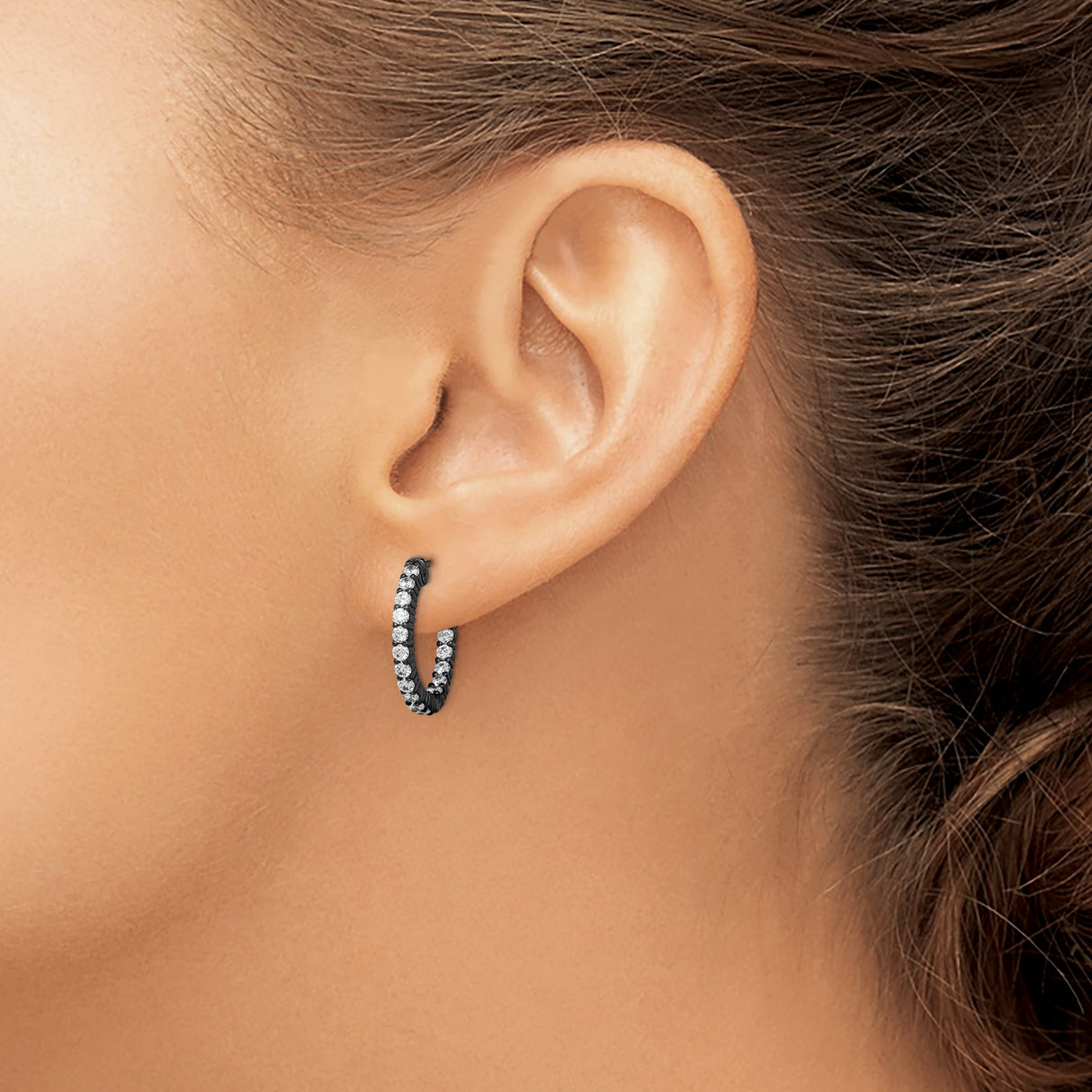 Sterling Silver Hoop Earrings with Clear Cubic Zirconia, Black Plated, Modern Elegant Style