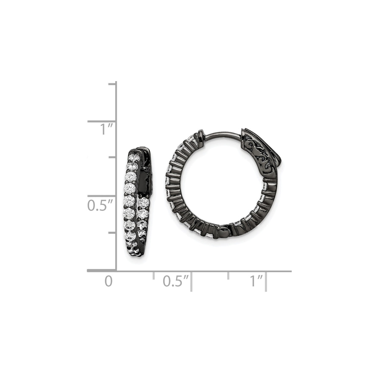 Sterling Silver Hoop Earrings with Clear Cubic Zirconia, Black Plated, Modern Elegant Style