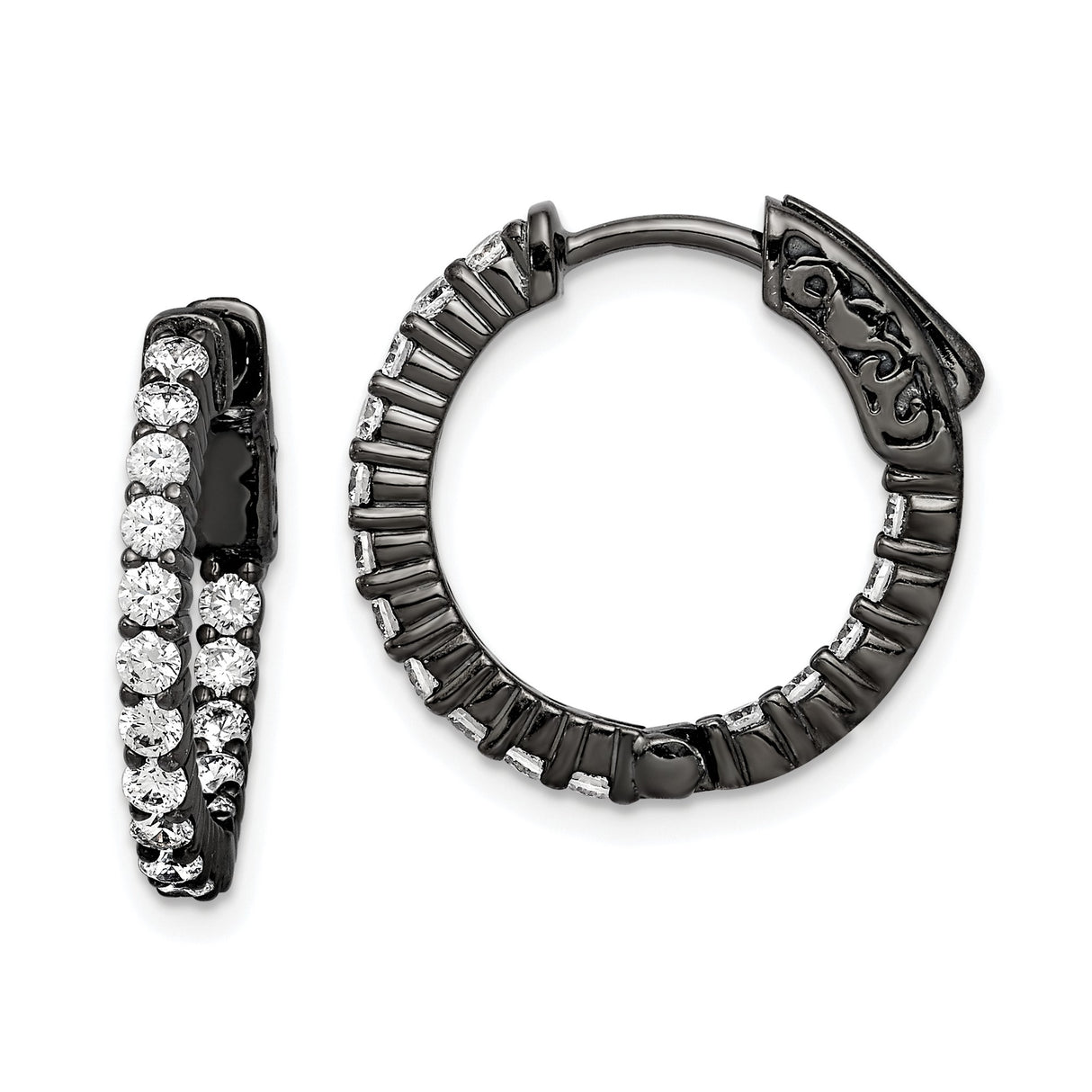 Sterling Silver Hoop Earrings with Clear Cubic Zirconia, Black Plated, Modern Elegant Style