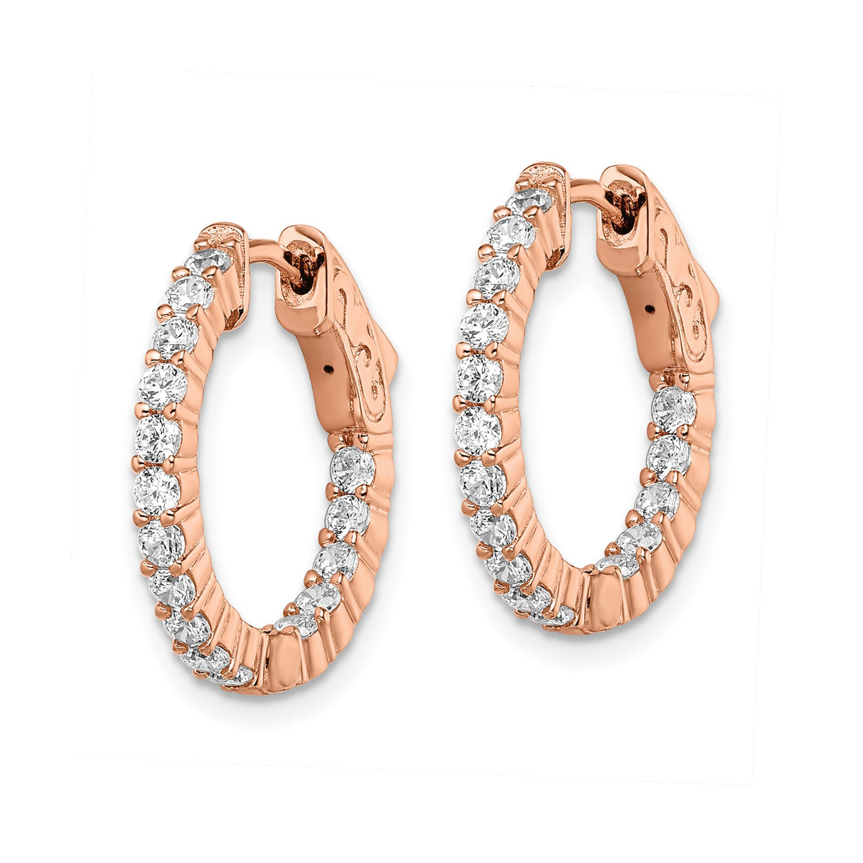 Sterling Silver Rose Gold Plated Hoop Earrings with Cubic Zirconia, Filigree Clasp Design