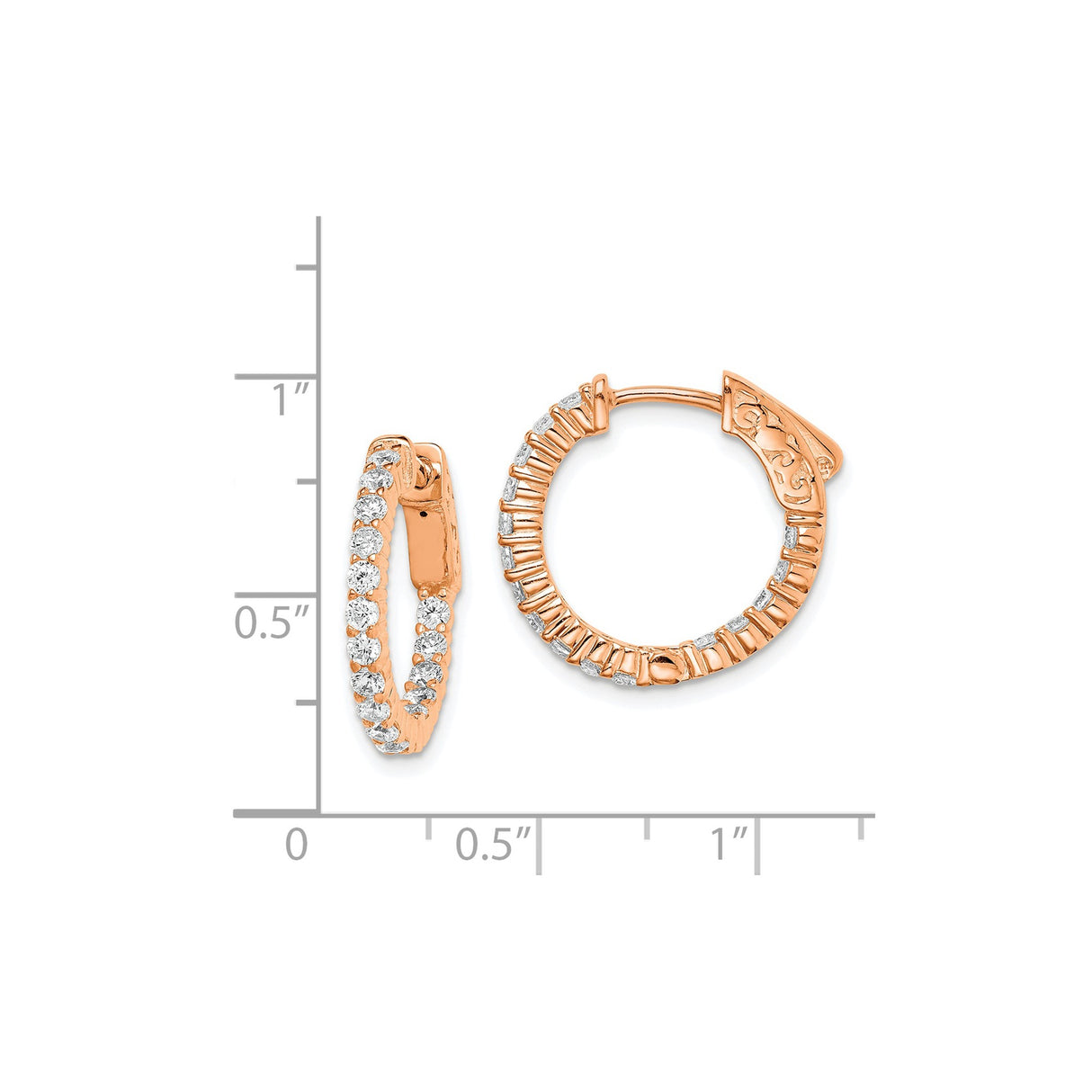 Sterling Silver Rose Gold Plated Hoop Earrings with Cubic Zirconia, Filigree Clasp Design