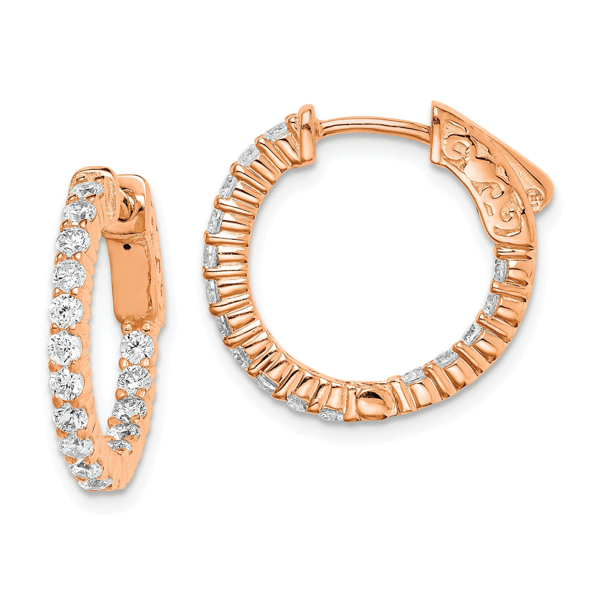 Sterling Silver Rose Gold Plated Hoop Earrings with Cubic Zirconia, Filigree Clasp Design