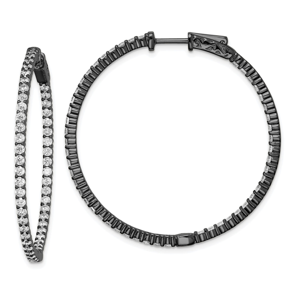 Sterling Silver Hoop Earrings with Cubic Zirconia in Pavé Setting, Black-Plated Modern Style