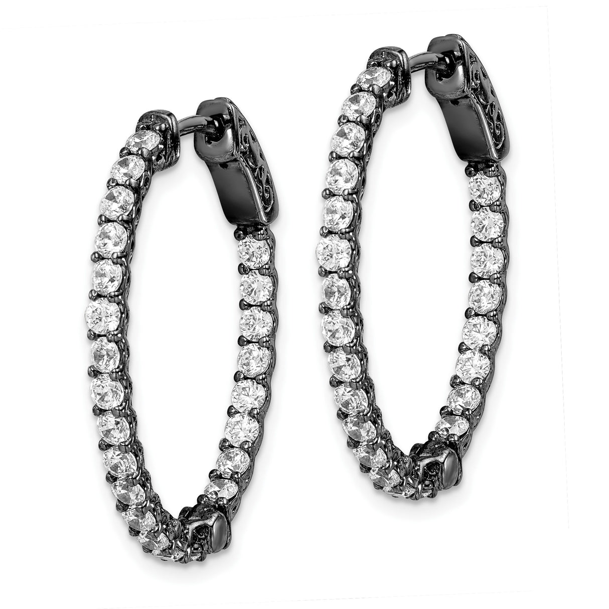 Sterling Silver Hoop Earrings with Cubic Zirconia, Black Rhodium Finish, Vintage Filigree Design