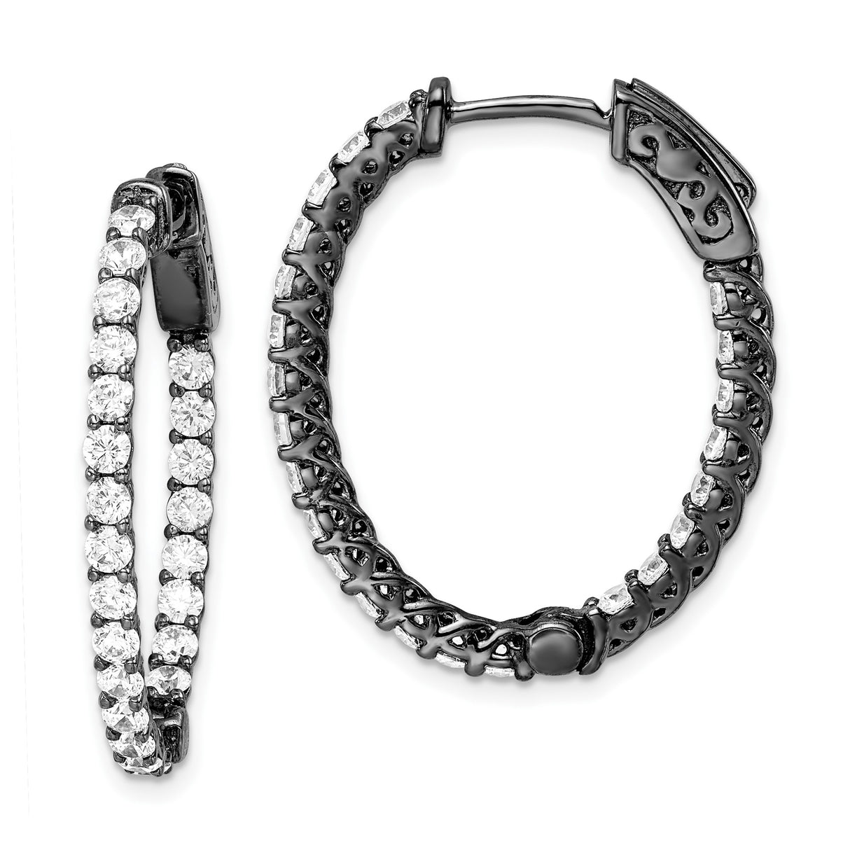 Sterling Silver Hoop Earrings with Cubic Zirconia, Black Rhodium Finish, Vintage Filigree Design