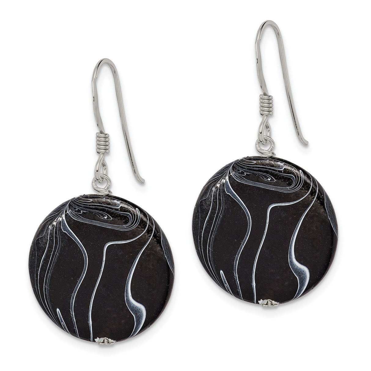 Sterling Silver Dangle Earrings with Round Agate Discs, Swirl Pattern, Modern Minimalist Style