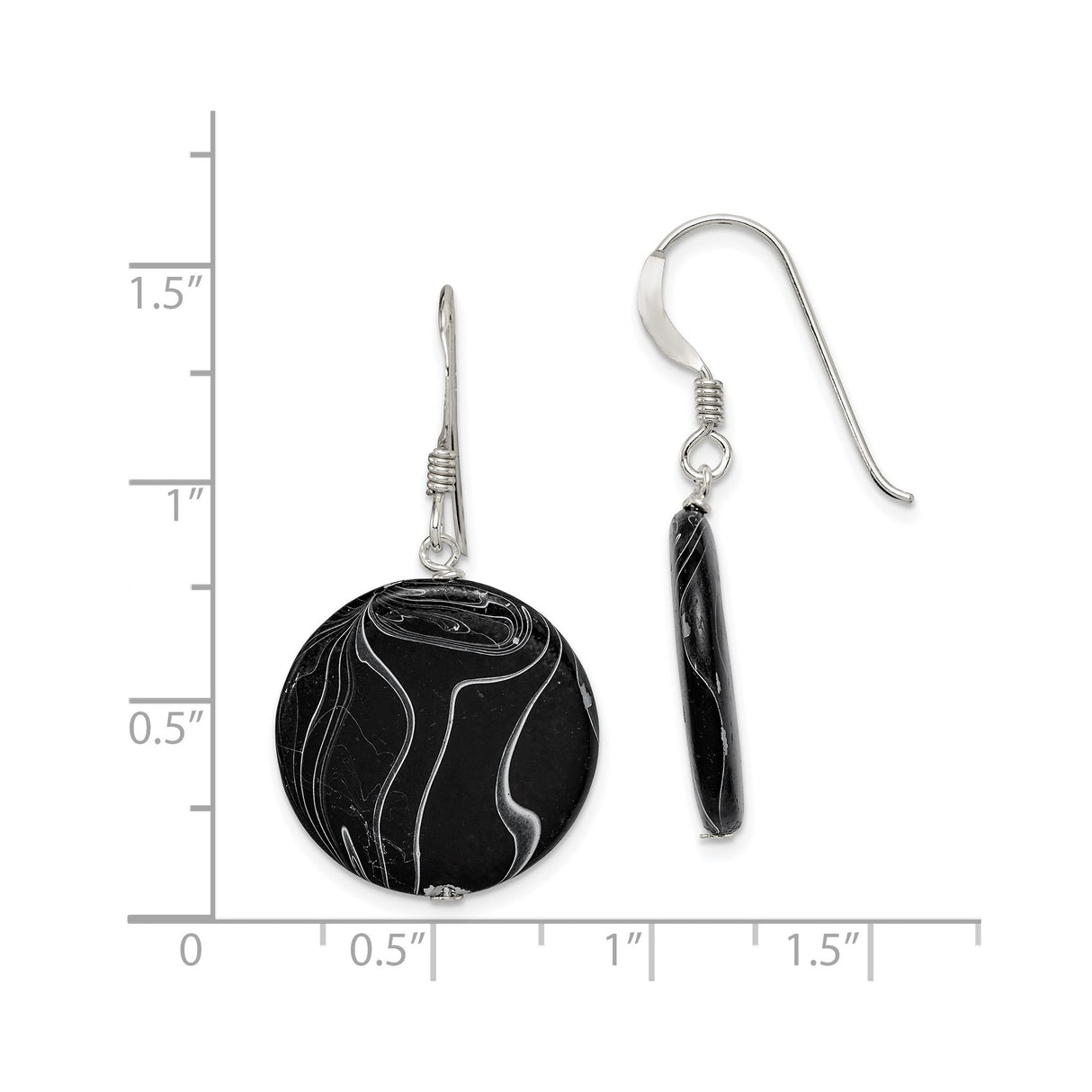 Sterling Silver Dangle Earrings with Round Agate Discs, Swirl Pattern, Modern Minimalist Style