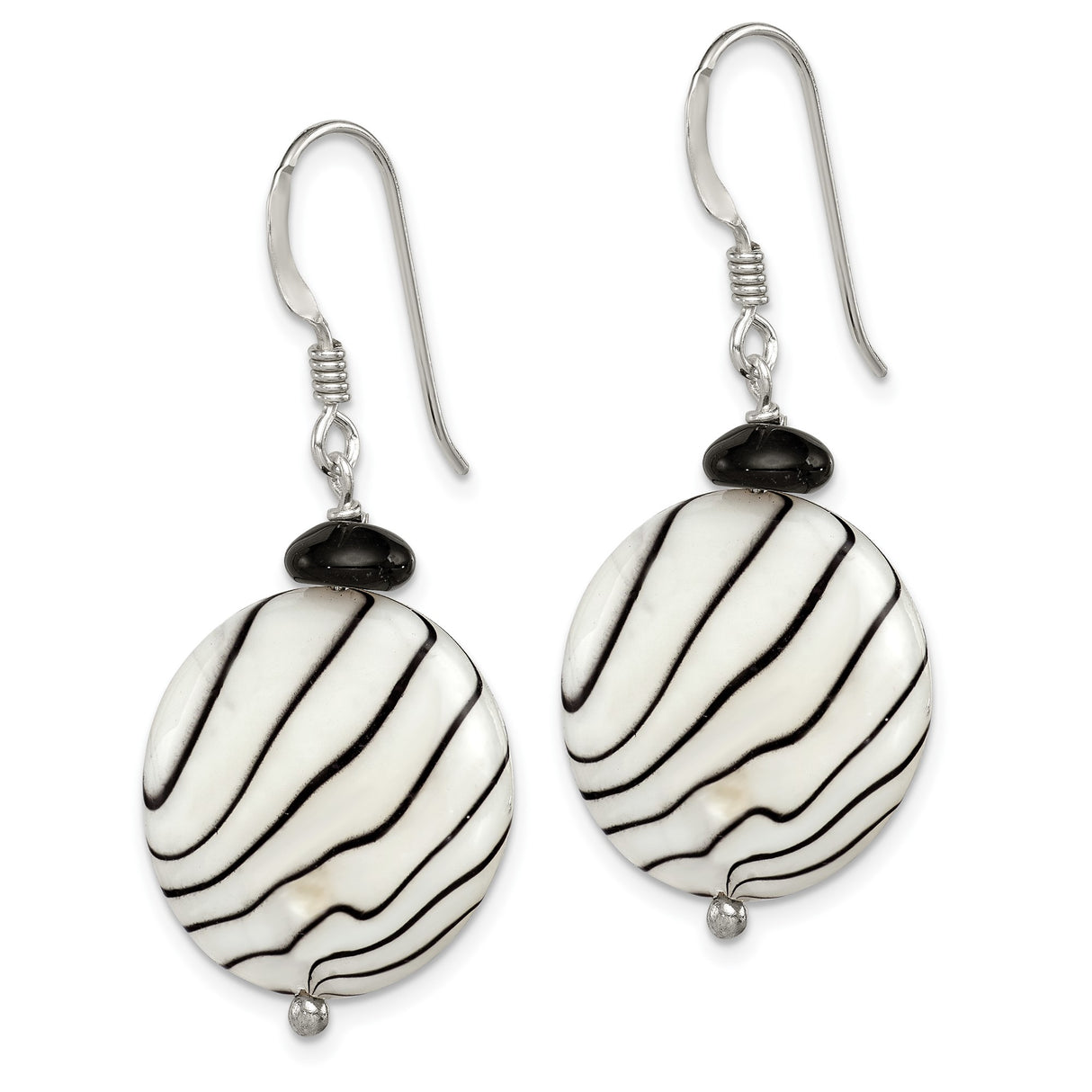 Sterling Silver Dangle Earrings with Mother of Pearl and Agate, Zebra Stripe Design