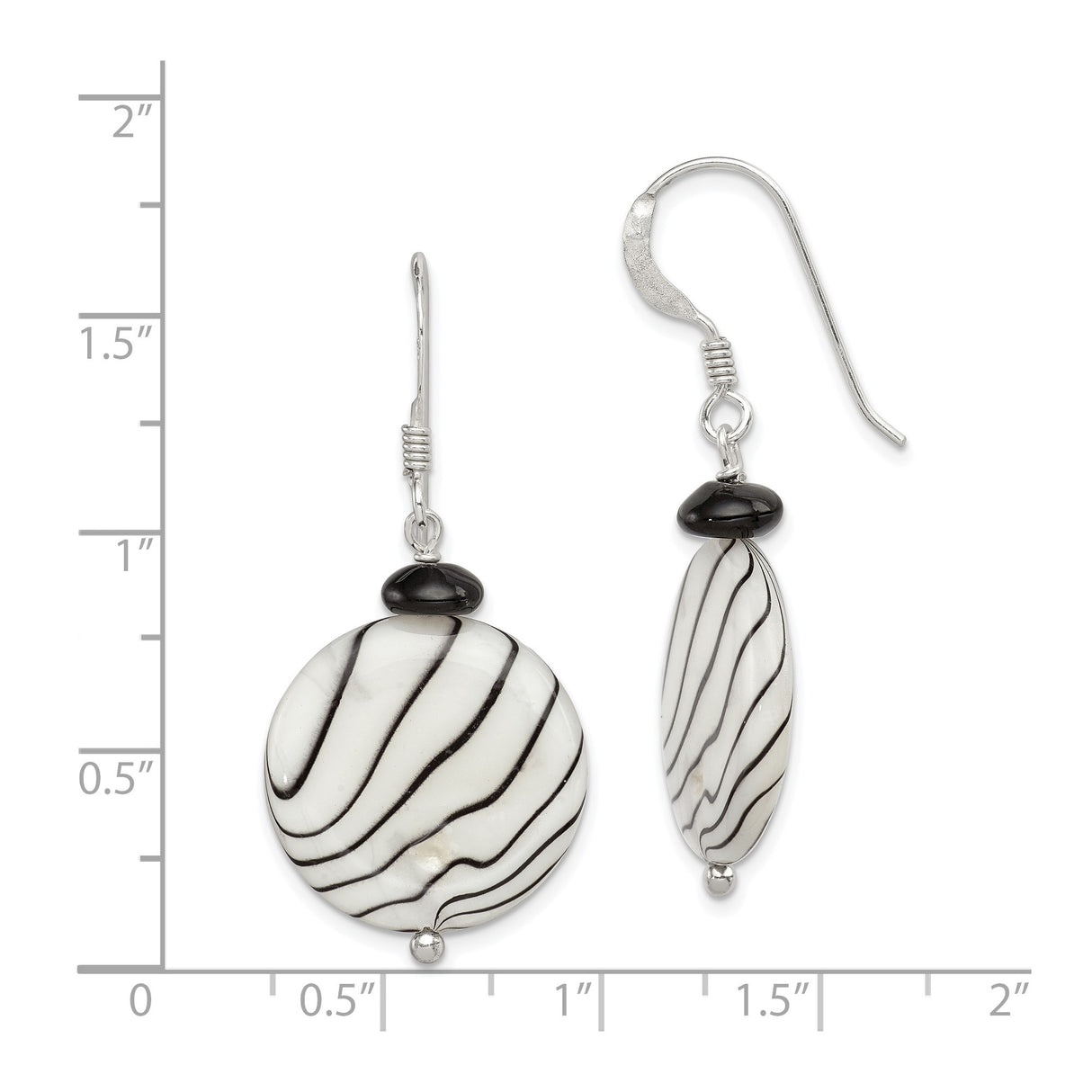 Sterling Silver Dangle Earrings with Mother of Pearl and Agate, Zebra Stripe Design