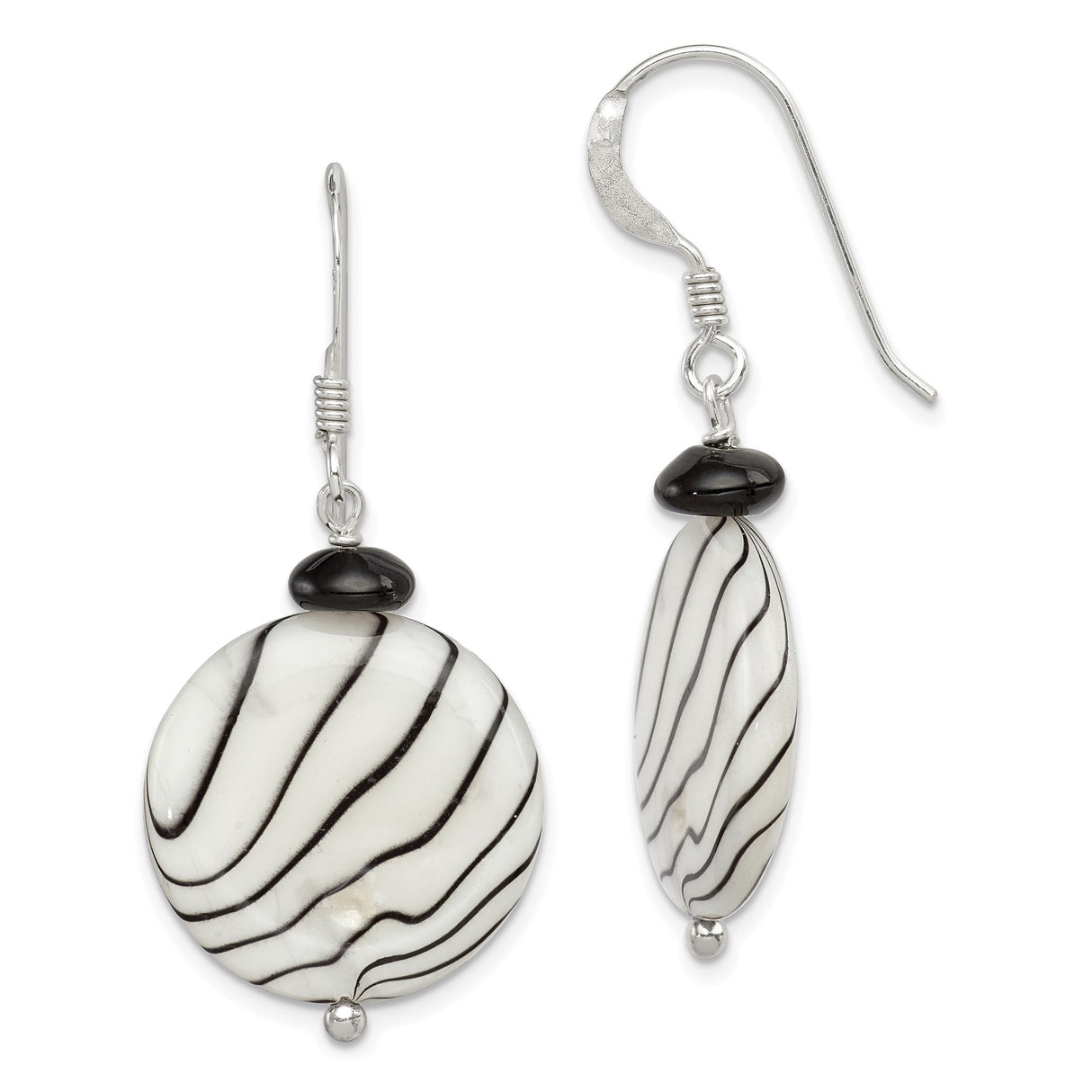 Sterling Silver Dangle Earrings with Mother of Pearl and Agate, Zebra Stripe Design
