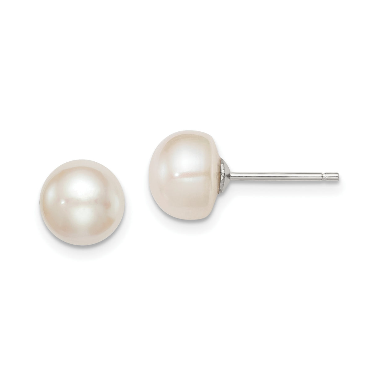 Sterling Silver Stud Earrings with White Freshwater Cultured Pearls, 6mm Button Design