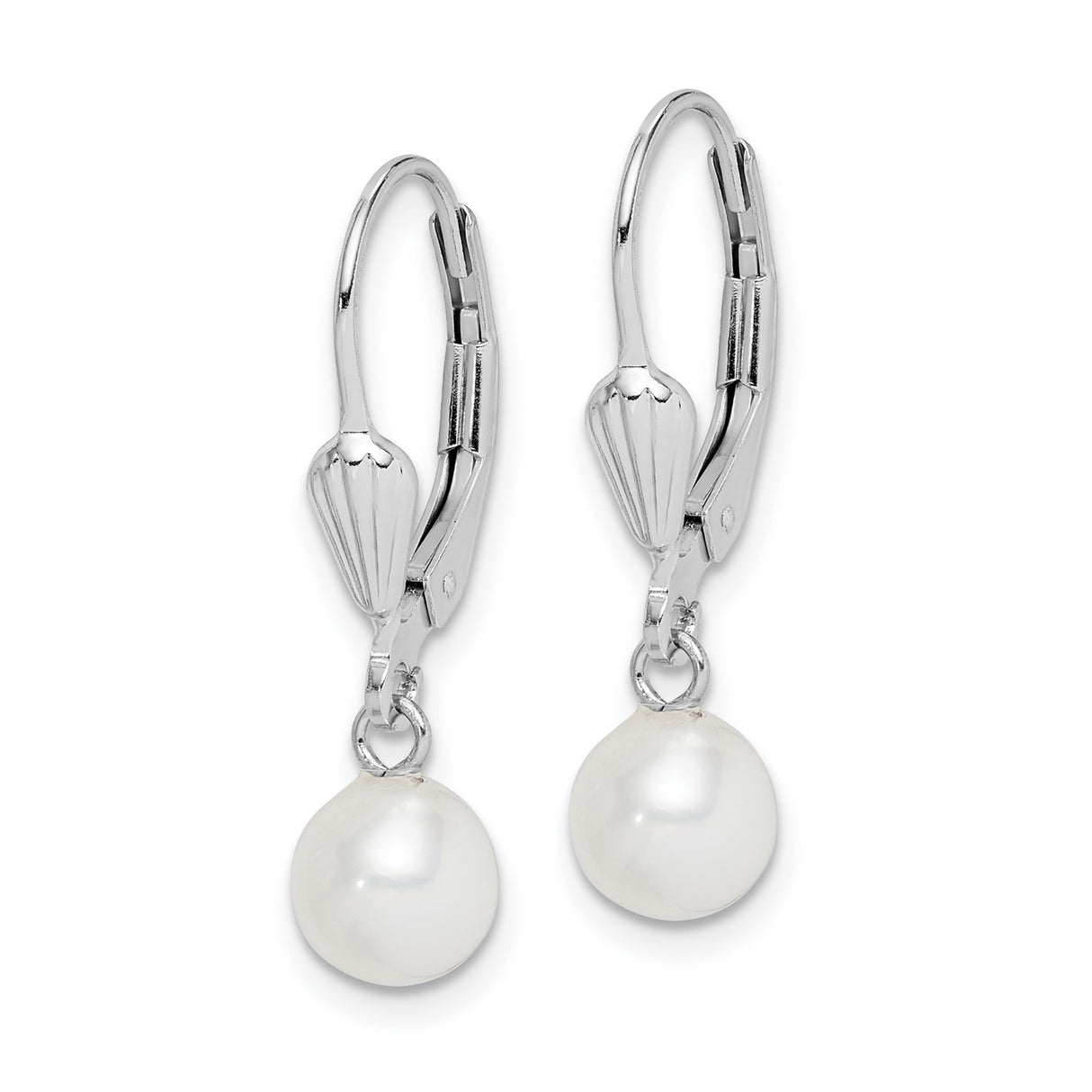 Sterling Silver Drop Earrings with White Freshwater Pearls, Leverback Closure, Classic Design