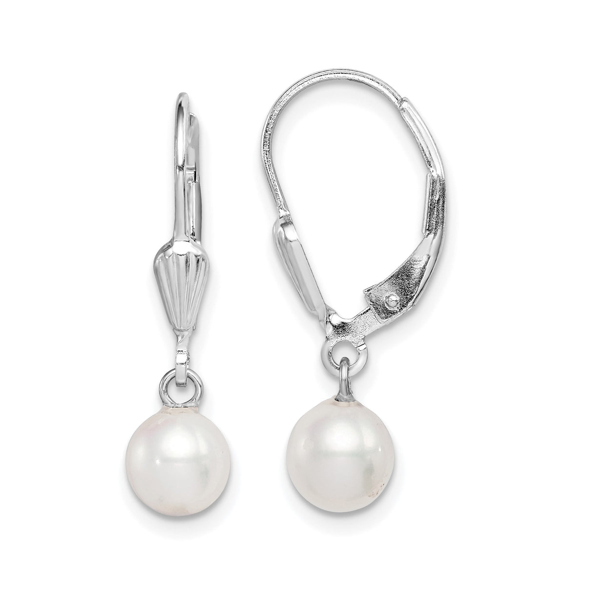 Sterling Silver Drop Earrings with White Freshwater Pearls, Leverback Closure, Classic Design