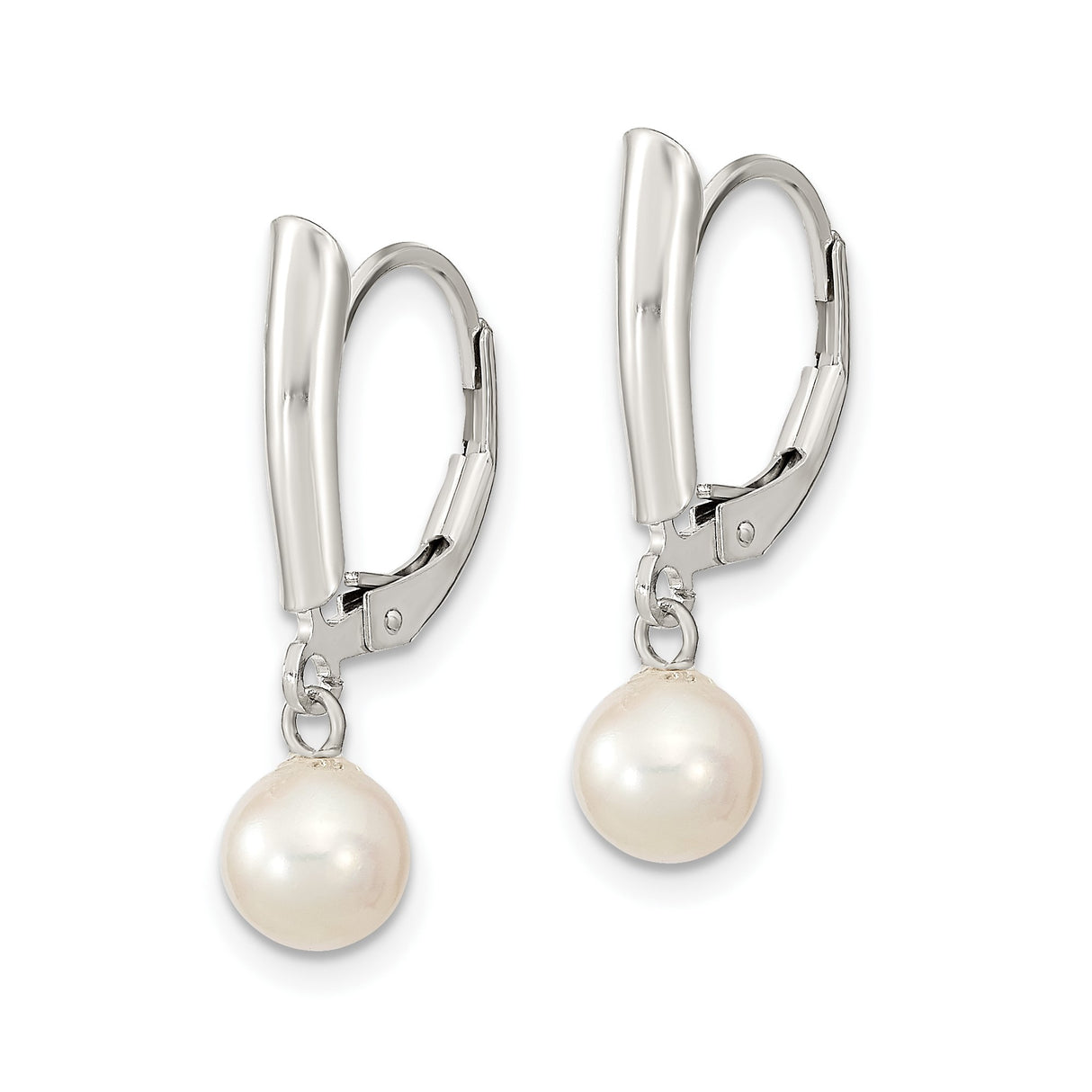 Sterling Silver Drop Earrings with Round White Freshwater Pearls, Leverback, Minimalist Design