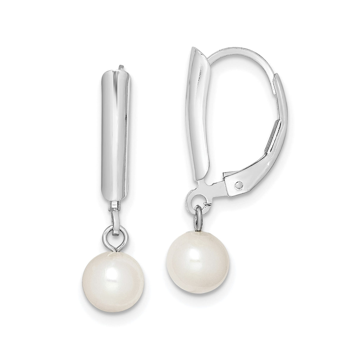 Sterling Silver Drop Earrings with Round White Freshwater Pearls, Leverback, Minimalist Design