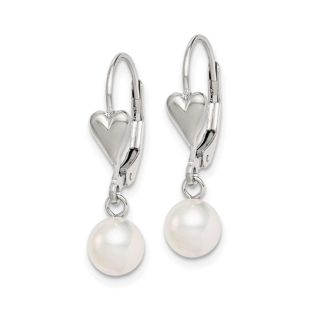 Sterling Silver Heart Leverback Earrings with White Freshwater Pearl Drops, Romantic Dangle Design