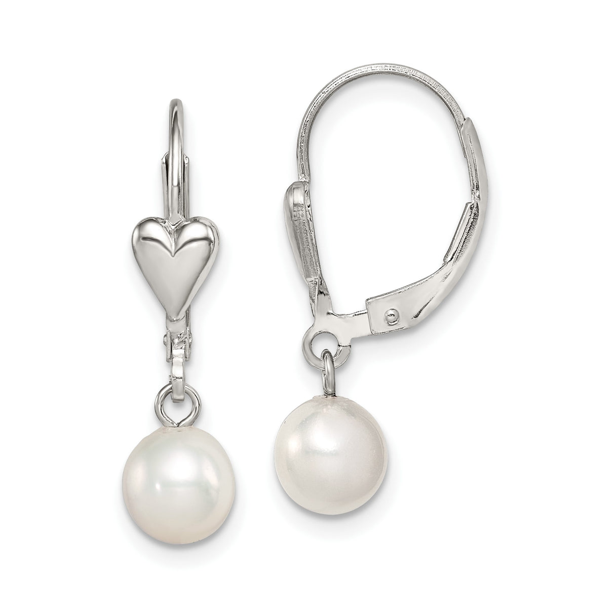 Sterling Silver Heart Leverback Earrings with White Freshwater Pearl Drops, Romantic Dangle Design