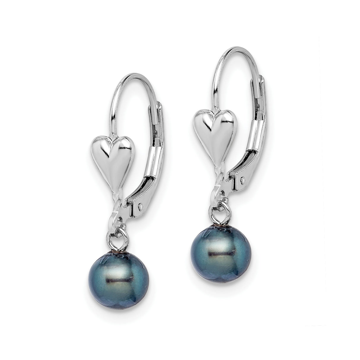 Sterling Silver Leverback Earrings with Black Freshwater Pearls and Heart Dangles