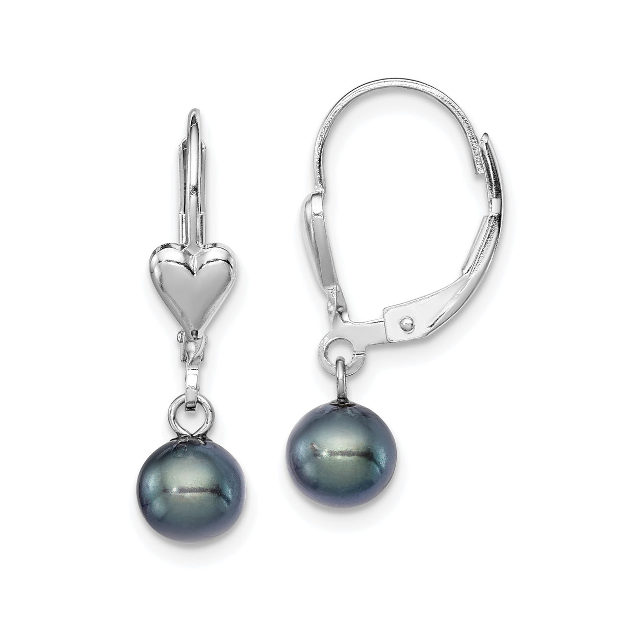 Sterling Silver Leverback Earrings with Black Freshwater Pearls and Heart Dangles