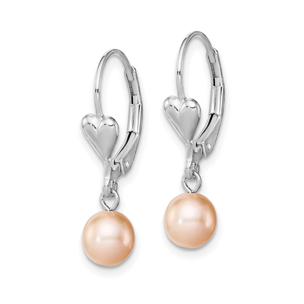 Sterling Silver Drop Earrings with Pink Freshwater Pearls and Heart Leverback Design
