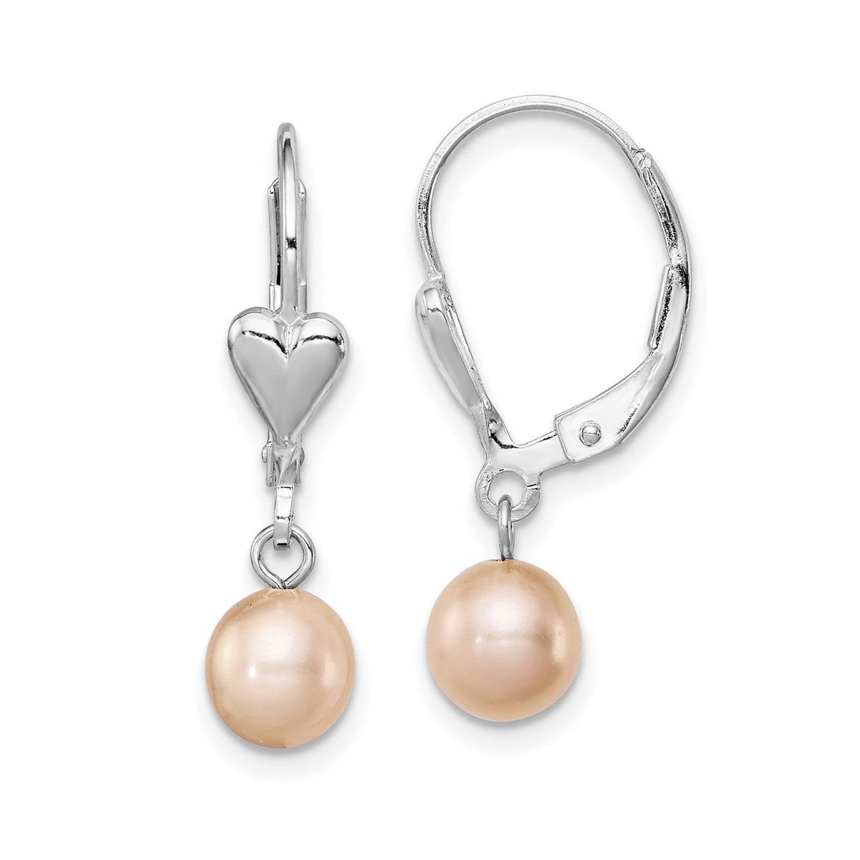 Sterling Silver Drop Earrings with Pink Freshwater Pearls and Heart Leverback Design