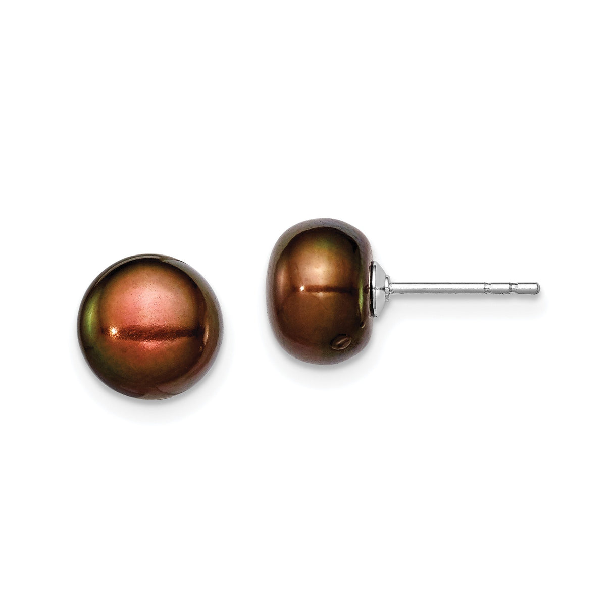 Sterling Silver Stud Earrings with Brown Tahitian Pearls, Button Design for Women