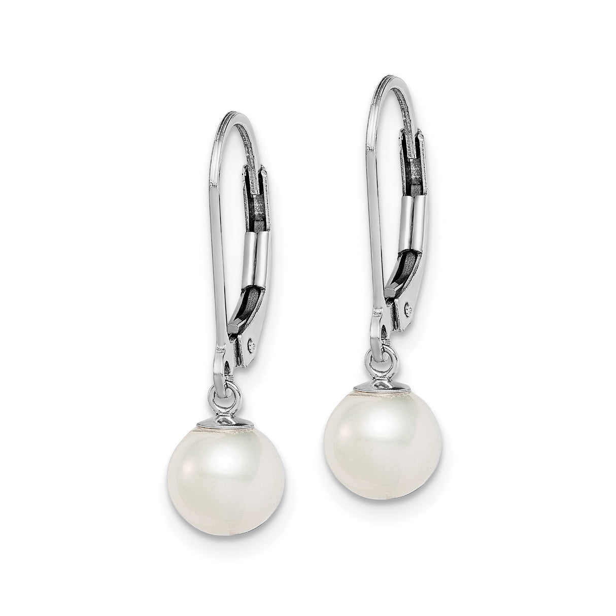 Sterling Silver Dangle Earrings with Round White Freshwater Pearl Drops, Leverback Design