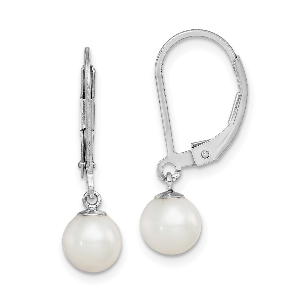 Sterling Silver Dangle Earrings with Round White Freshwater Pearl Drops, Leverback Design