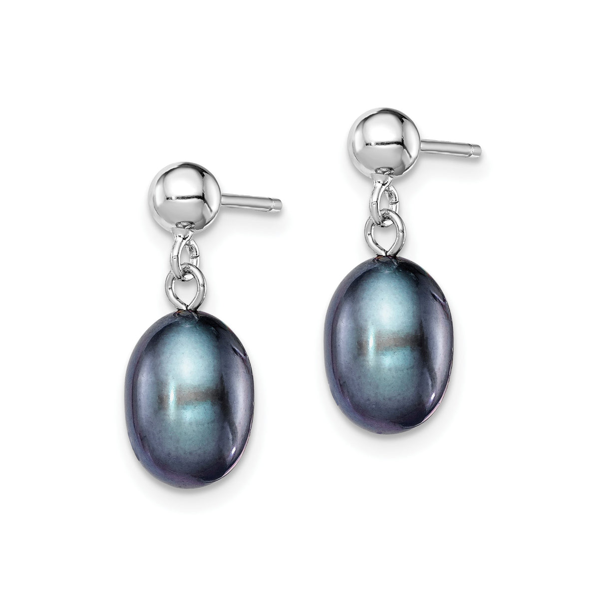 Sterling Silver Dangle Earrings with Dark Freshwater Pearls and Polished Ball Posts