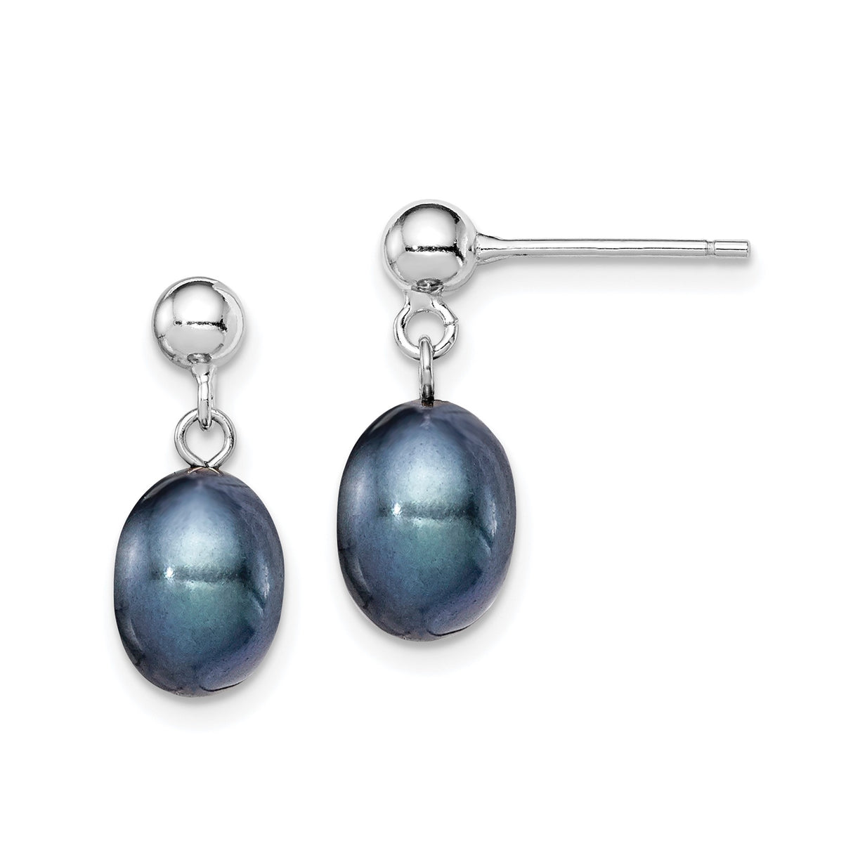Sterling Silver Dangle Earrings with Dark Freshwater Pearls and Polished Ball Posts