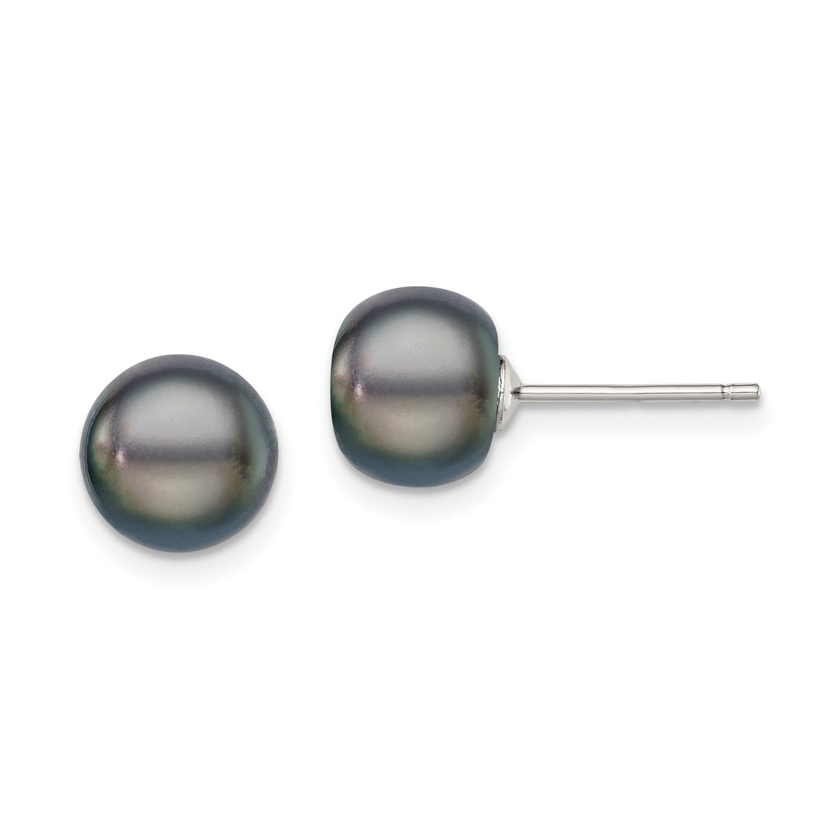 Sterling Silver Stud Earrings with Black Freshwater Pearls, Round Button Style for Women