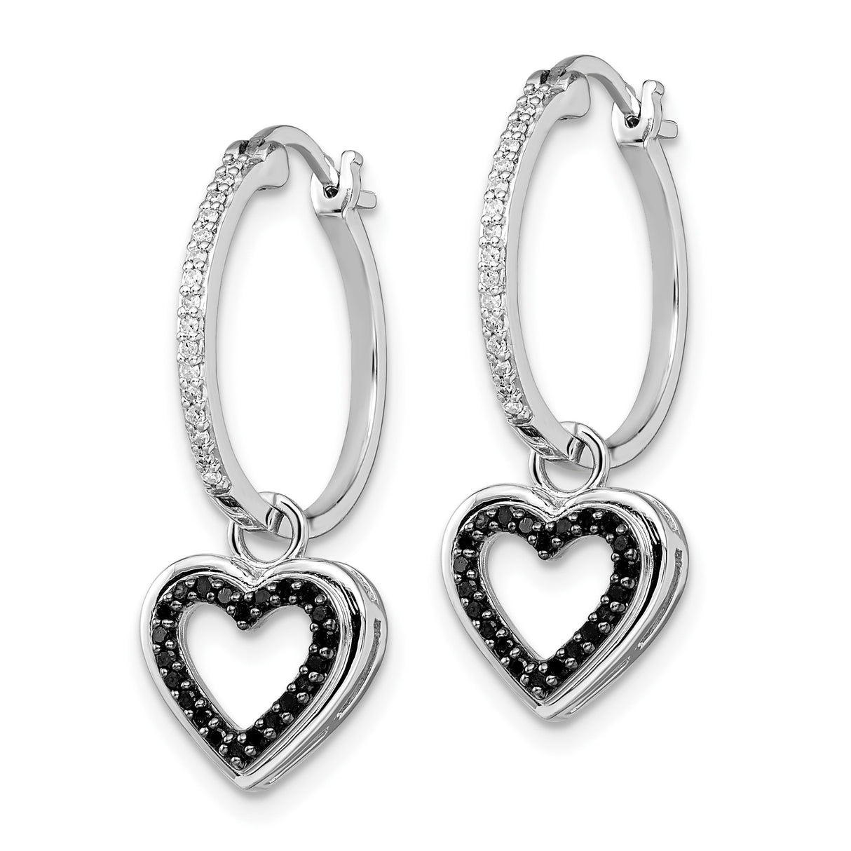 Sterling Silver Heart Hoop Earrings with Black and White Diamonds, Open Heart Design