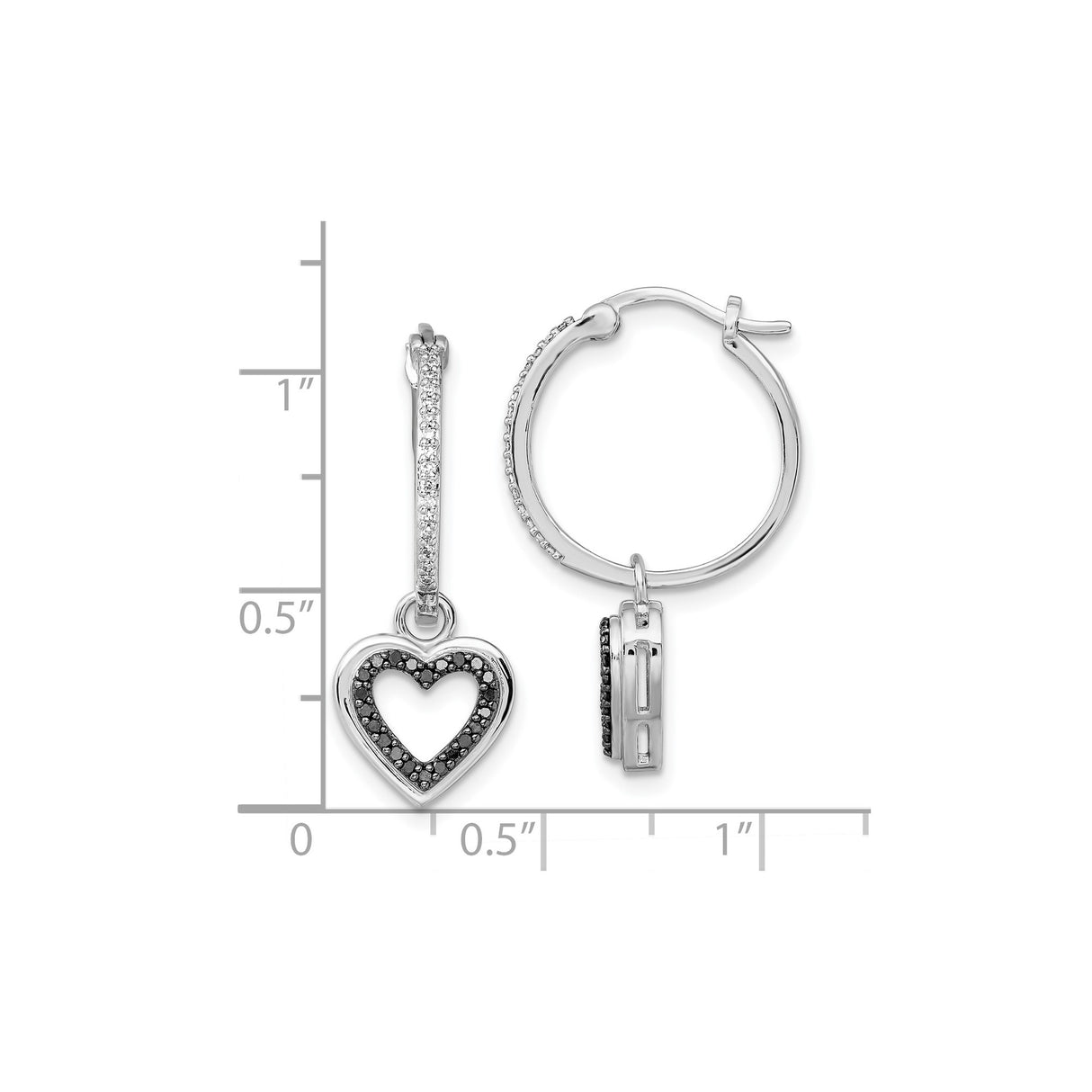 Sterling Silver Heart Hoop Earrings with Black and White Diamonds, Open Heart Design