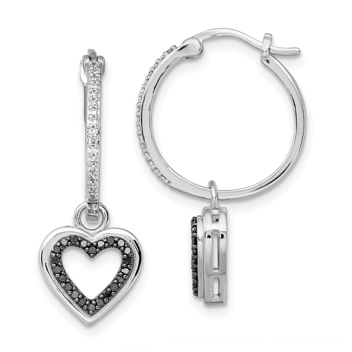 Sterling Silver Heart Hoop Earrings with Black and White Diamonds, Open Heart Design