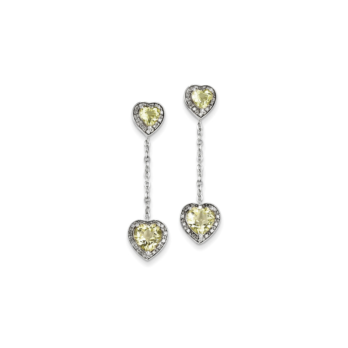 Sterling Silver Heart Dangle Earrings with Lemon Quartz and Diamond Accents, Chain Link Design