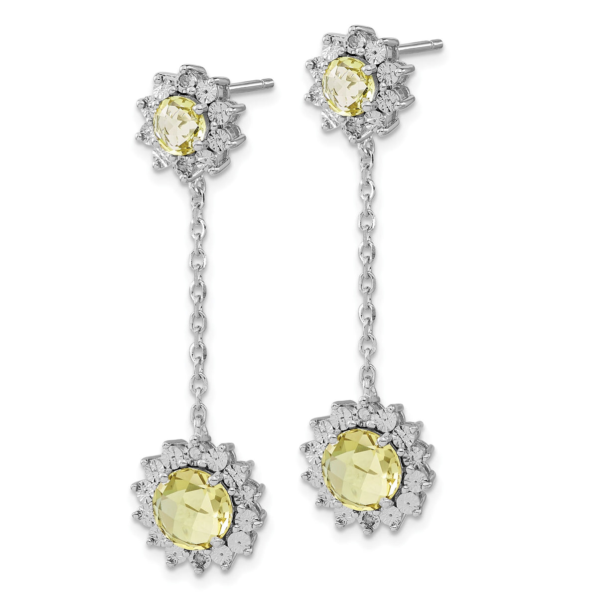 Sterling Silver Dangle Earrings with Lemon Quartz and Diamond Halo in Floral Starburst Design