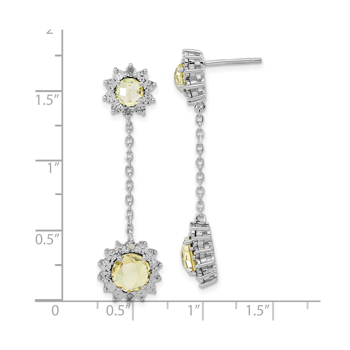 Sterling Silver Dangle Earrings with Lemon Quartz and Diamond Halo in Floral Starburst Design