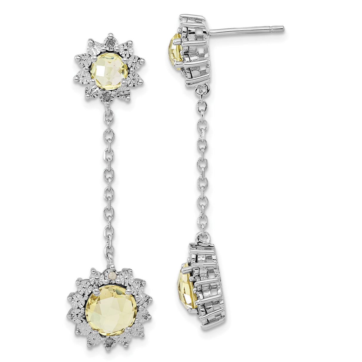 Sterling Silver Dangle Earrings with Lemon Quartz and Diamond Halo in Floral Starburst Design