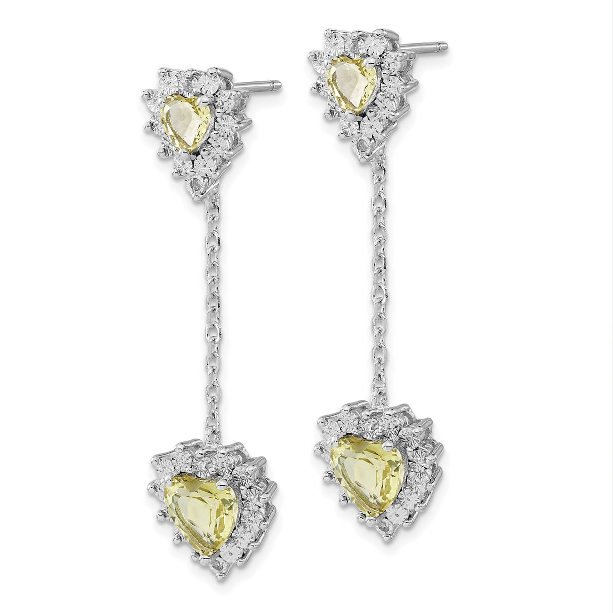 Sterling Silver Heart Drop Earrings with Lemon Quartz and Diamond Halo Design