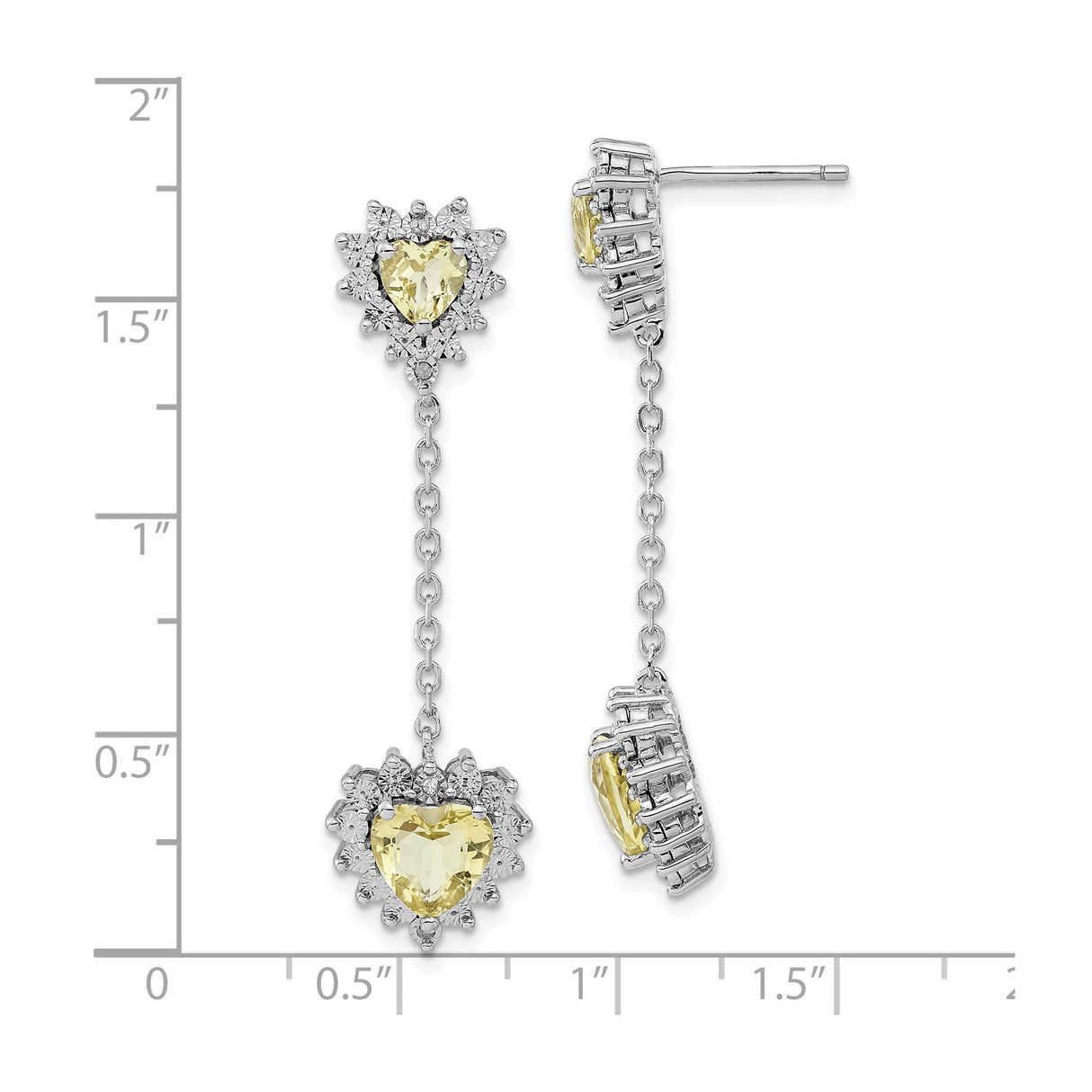 Sterling Silver Heart Drop Earrings with Lemon Quartz and Diamond Halo Design