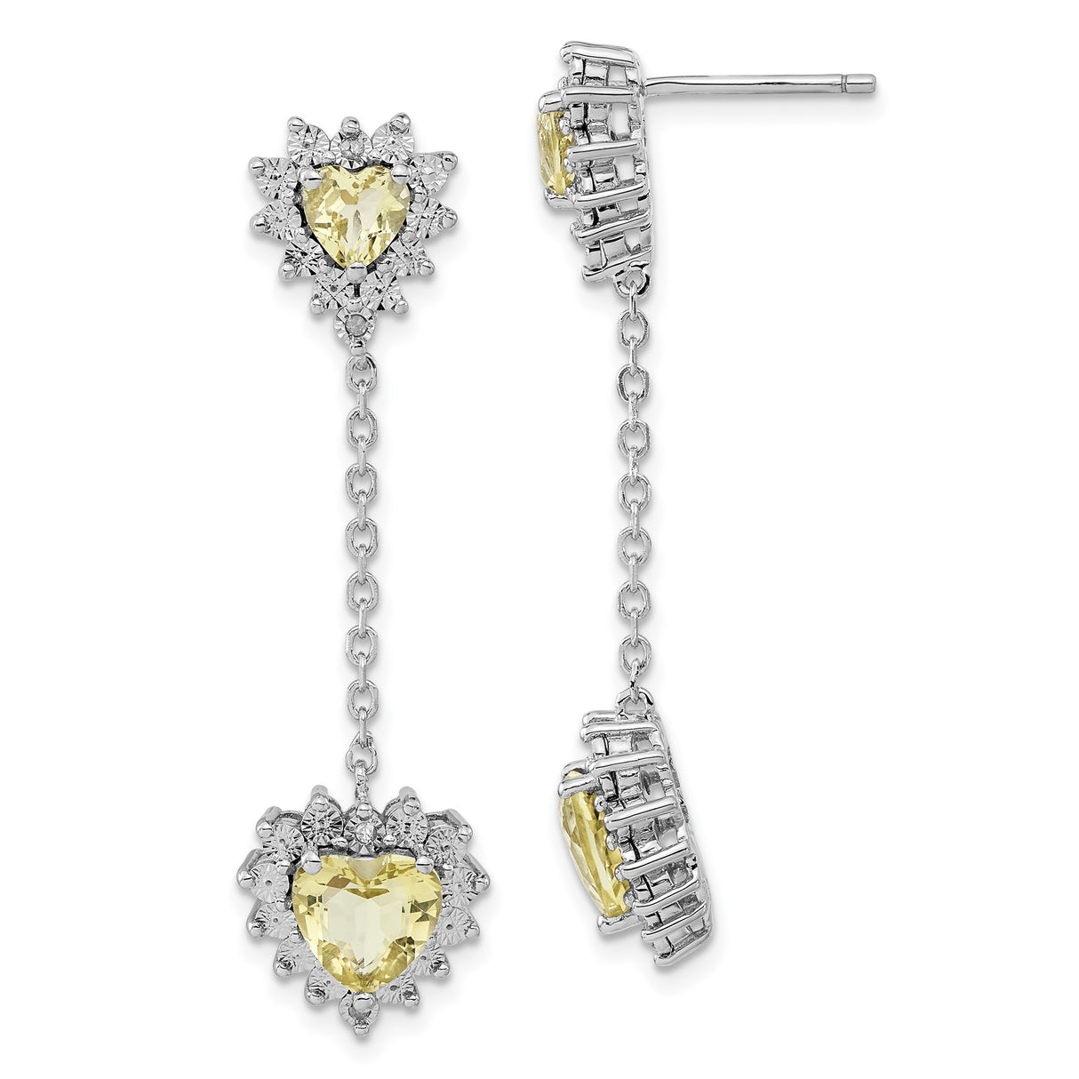 Sterling Silver Heart Drop Earrings with Lemon Quartz and Diamond Halo Design