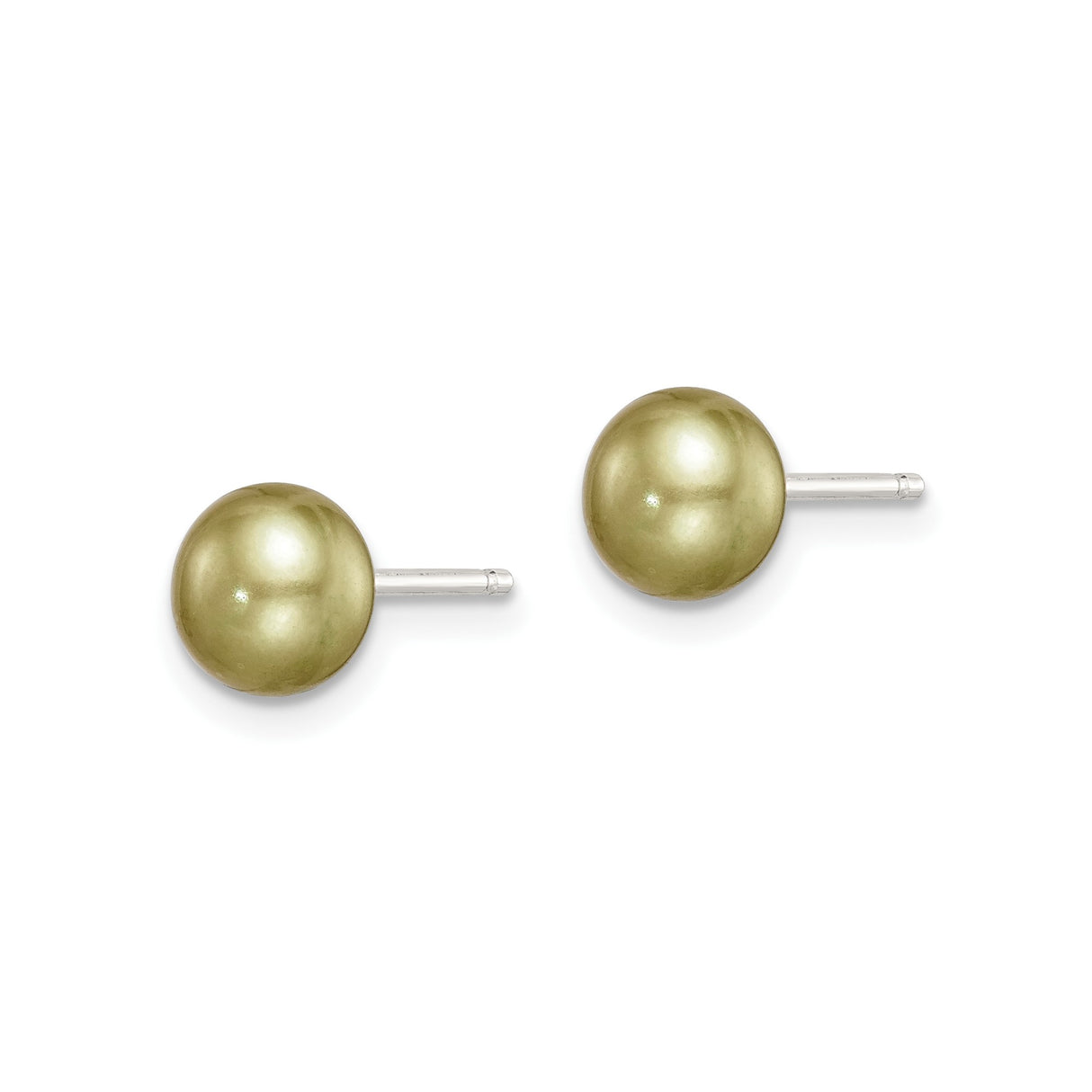Sterling Silver Stud Earrings with Olive Green Freshwater Pearls, Round Button Design