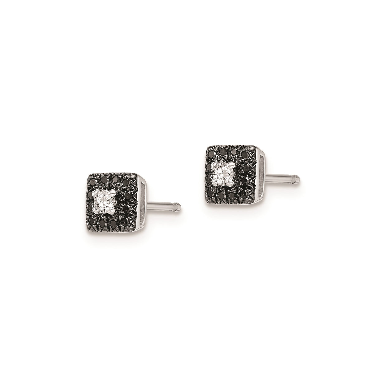 Sterling Silver Stud Earrings with Black Diamond and White Diamond Accents, Modern Square Design