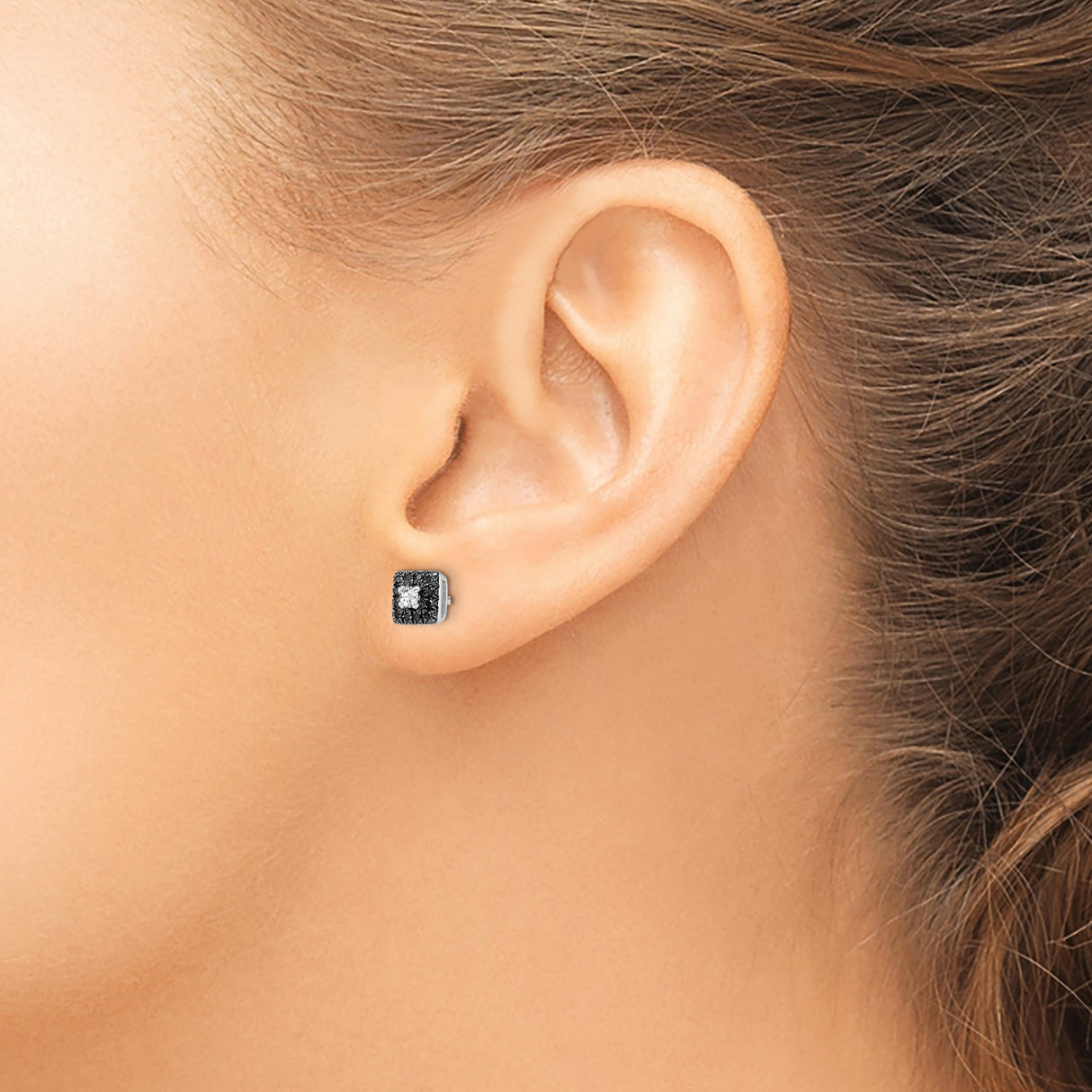 Sterling Silver Stud Earrings with Black Diamond and White Diamond Accents, Modern Square Design